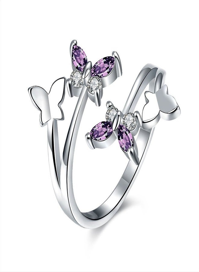 MAIHAO Women's Adjustable Size 925 Sterling Silver Butterfly White Birthstone CZ Butterfly Shape Purple Austrian Crystals Rings - Image 1